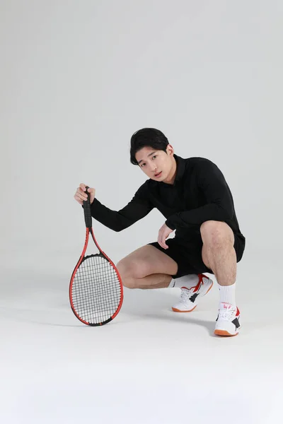 Pemain Tenis Olahraga Orang Asia Korea Dengan Raket Studio — Stok Foto