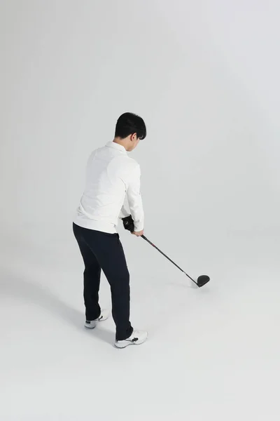 Giocatore Golf Asiatica Coreano Uomo Con Golf Club Studio — Foto Stock