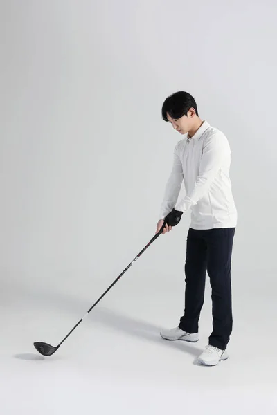 Giocatore Golf Asiatica Coreano Uomo Con Golf Club Studio — Foto Stock