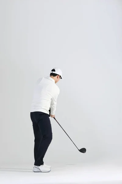 Jugador Deportes Golf Hombre Coreano Asiático Con Club Golf Estudio — Foto de Stock