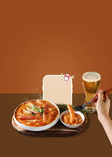 Korean late night snacks delivery promotion poster, rose Tteokbokki and beer