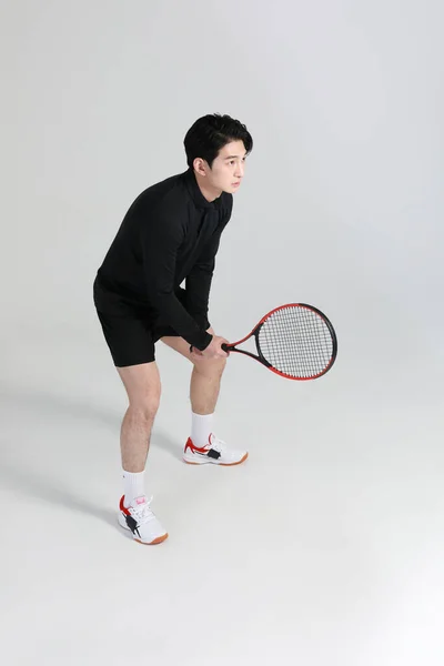 Pemain Tenis Olahraga Orang Asia Korea Dengan Raket Studio — Stok Foto