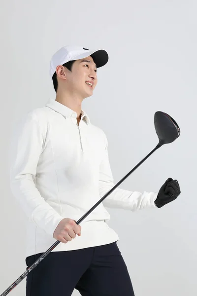 Golf Sports Player Homem Coreano Asiático Com Clube Golfe Estúdio — Fotografia de Stock