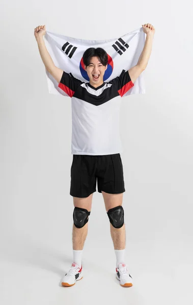 Voleibol Jugador Deportes Coreano Asiático Sosteniendo Bandera Coreana Taegeukgi —  Fotos de Stock