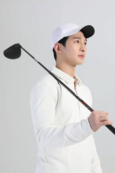 Golf Sports Player Homem Coreano Asiático Com Clube Golfe Estúdio — Fotografia de Stock