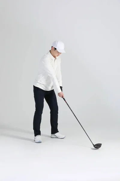 Golfspieler Asiatischer Koreaner Mit Golfschläger Studio — Stockfoto