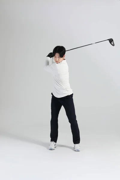 Giocatore Golf Asiatica Coreano Uomo Con Golf Club Studio — Foto Stock