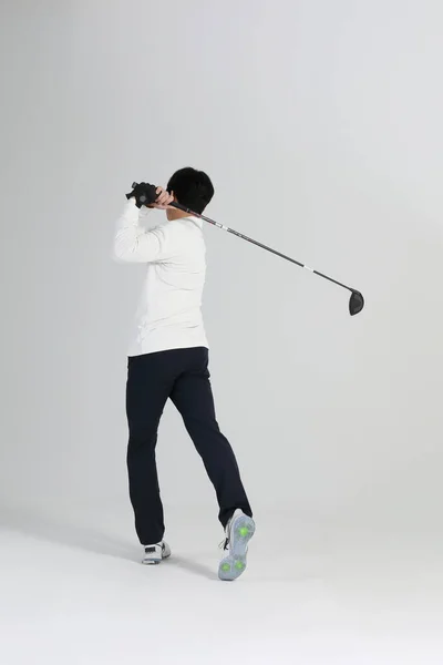 Golfspieler Asiatischer Koreaner Mit Golfschläger Studio — Stockfoto