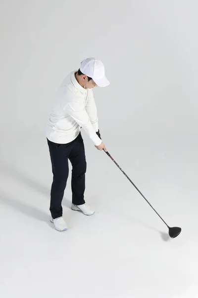 Jugador Deportes Golf Hombre Coreano Asiático Con Club Golf Estudio — Foto de Stock