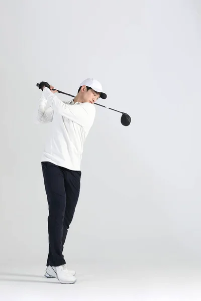 Golfsportspelare Asiatisk Koreansk Man Med Golfklubb Studio — Stockfoto
