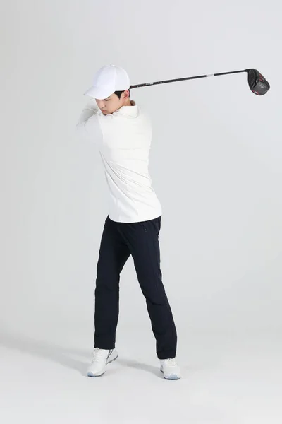 Jugador Deportes Golf Hombre Coreano Asiático Con Club Golf Estudio —  Fotos de Stock