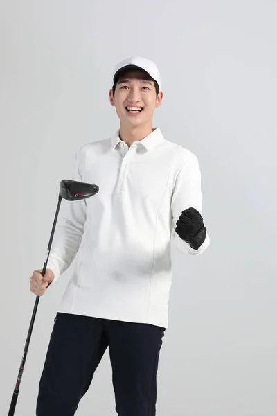 Jugador Deportes Golf Hombre Coreano Asiático Con Club Golf Estudio — Foto de Stock