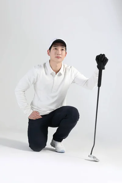 Golf Sports Player Homem Coreano Asiático Com Clube Golfe Estúdio — Fotografia de Stock