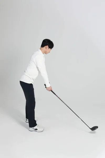 Golfspieler Asiatischer Koreaner Mit Golfschläger Studio — Stockfoto