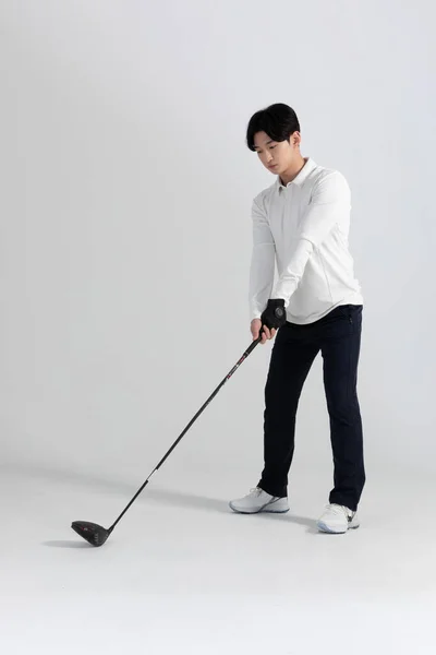 Giocatore Golf Asiatica Coreano Uomo Con Golf Club Studio — Foto Stock