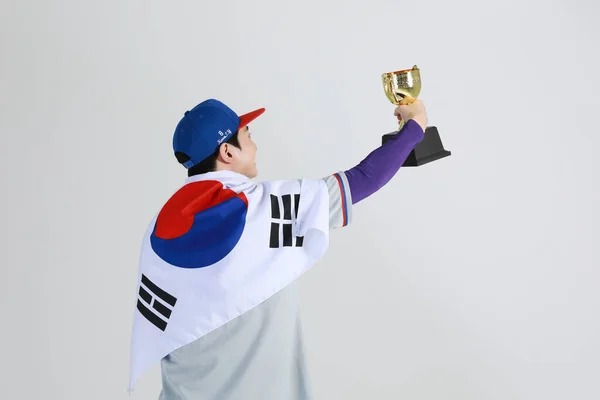Honkbalspeler Aziatische Koreaanse Man Met Trofee — Stockfoto