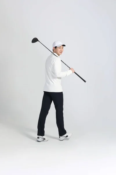 Jugador Deportes Golf Hombre Coreano Asiático Con Club Golf Estudio —  Fotos de Stock