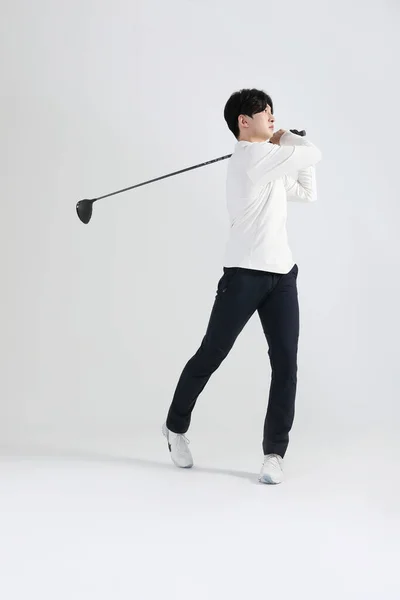 Jugador Deportes Golf Hombre Coreano Asiático Con Club Golf Estudio —  Fotos de Stock