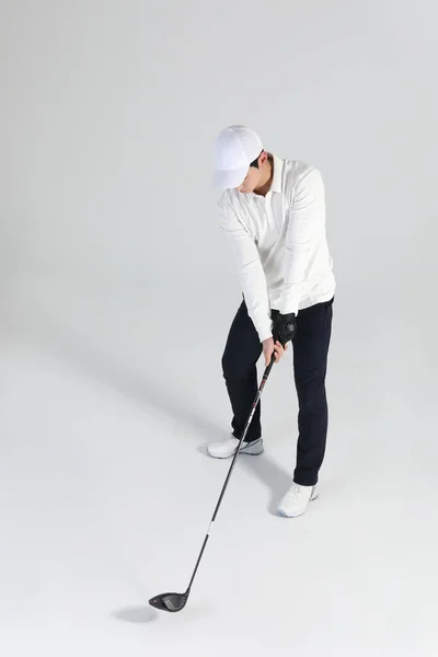 Jugador Deportes Golf Hombre Coreano Asiático Con Club Golf Estudio — Foto de Stock