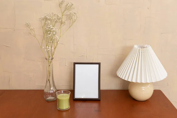 Entspannen Gemütliche Objekte Und Hintergrund Mit Rahmen Und Vase Kerze — Stockfoto