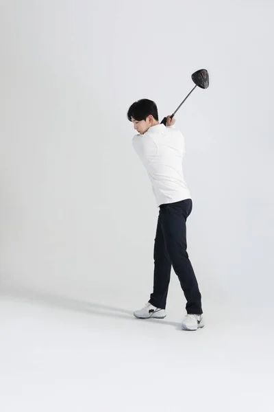 Golf Sports Player Homem Coreano Asiático Com Clube Golfe Estúdio — Fotografia de Stock