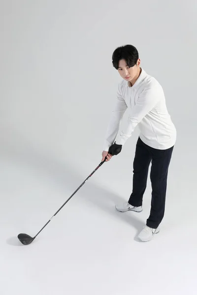 Giocatore Golf Asiatica Coreano Uomo Con Golf Club Studio — Foto Stock