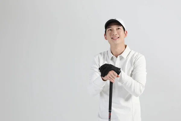 Golf Sports Player Homem Coreano Asiático Com Clube Golfe Estúdio — Fotografia de Stock