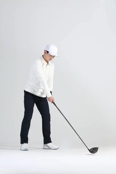 Joueur Sport Golf Asiatique Coréen Homme Avec Club Golf Studio — Photo