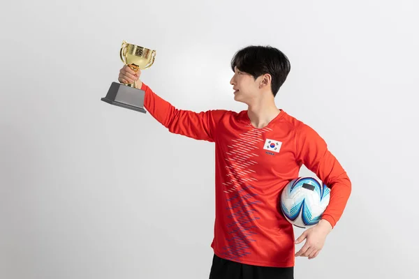 Футболист Азиат Корейский Человек Движениями Студии — стоковое фото