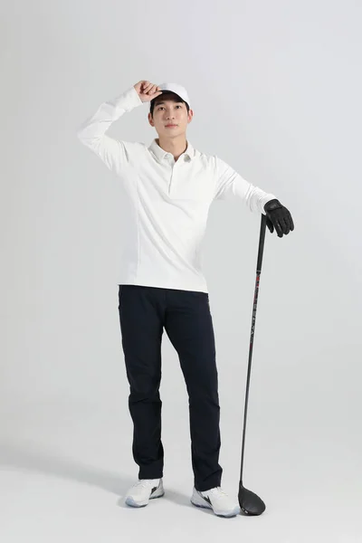 Giocatore Golf Asiatica Coreano Uomo Con Golf Club Studio — Foto Stock