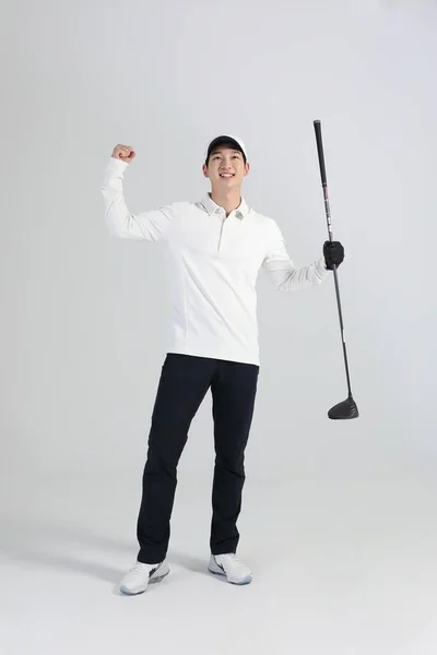 Jugador Deportes Golf Hombre Coreano Asiático Con Club Golf Estudio —  Fotos de Stock