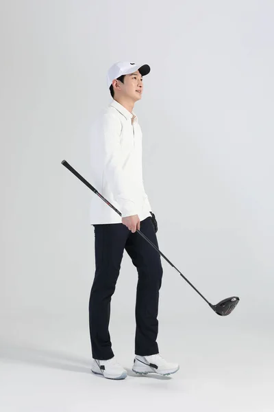 Golfsport Speler Aziatische Koreaanse Man Met Golfclub Studio — Stockfoto