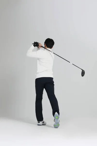 Jugador Deportes Golf Hombre Coreano Asiático Con Club Golf Estudio — Foto de Stock