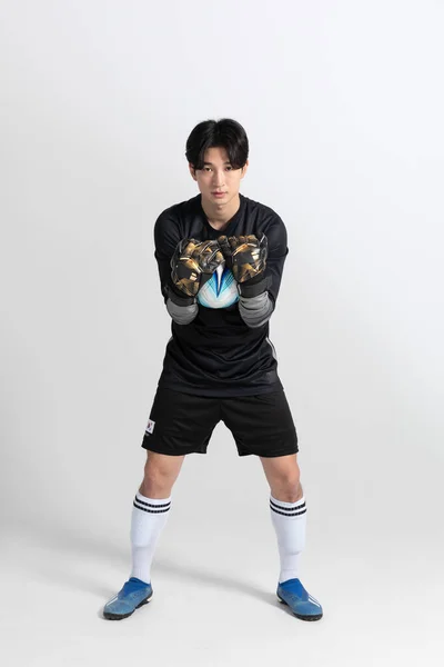 Soccer Football Sports Player Asian Korean Man Motions Studio Background — Stock Photo, Image