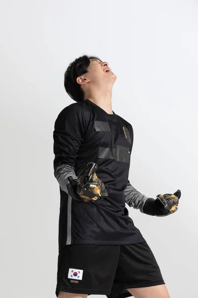 Futebol Futebol Jogador Esportes Asiático Coreano Homem Com Movimentos Estúdio — Fotografia de Stock
