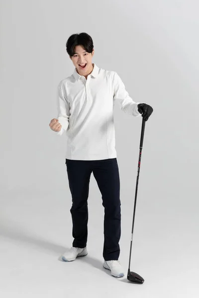 Jugador Deportes Golf Hombre Coreano Asiático Con Club Golf Estudio — Foto de Stock