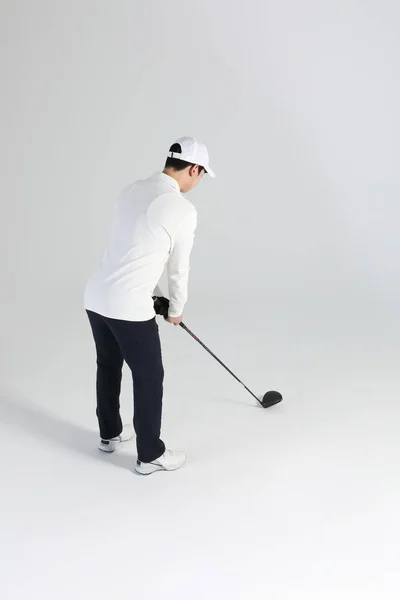 Golf Sports Player Homem Coreano Asiático Com Clube Golfe Estúdio — Fotografia de Stock