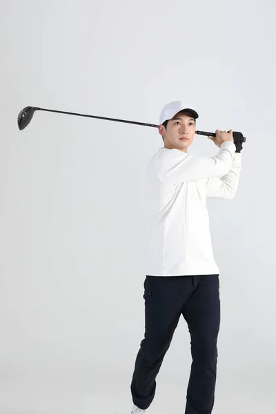 Golf Sports Player Homem Coreano Asiático Com Clube Golfe Estúdio — Fotografia de Stock