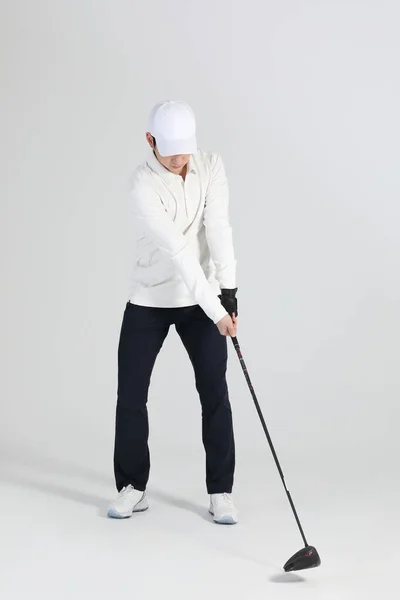 Giocatore Golf Asiatica Coreano Uomo Con Golf Club Studio — Foto Stock