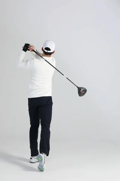 Giocatore Golf Asiatica Coreano Uomo Con Golf Club Studio — Foto Stock