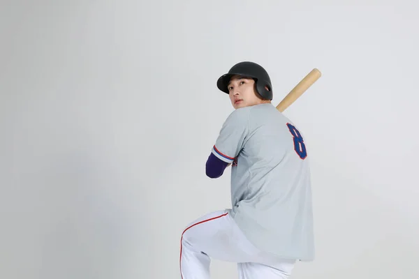 Baseballový Sportovec Asijský Korejský Muž Pálkou — Stock fotografie