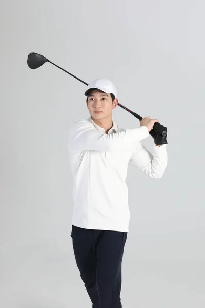 Golf Sports Player Homem Coreano Asiático Com Clube Golfe Estúdio — Fotografia de Stock
