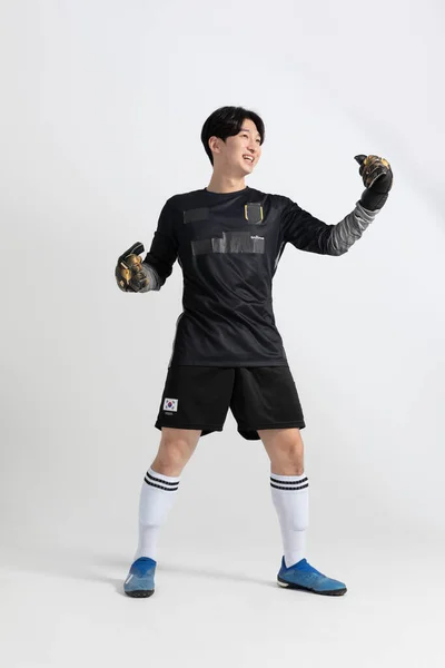 Soccer Football Sports Player Asian Korean Man Motions Studio Background — Stock Photo, Image