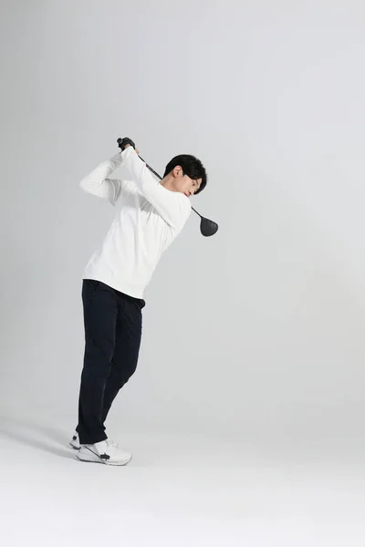 Golfsport Speler Aziatische Koreaanse Man Met Golfclub Studio — Stockfoto
