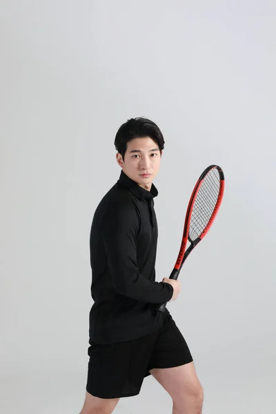 Tenisçi Asyalı Raketli Koreli Stüdyo — Stok fotoğraf