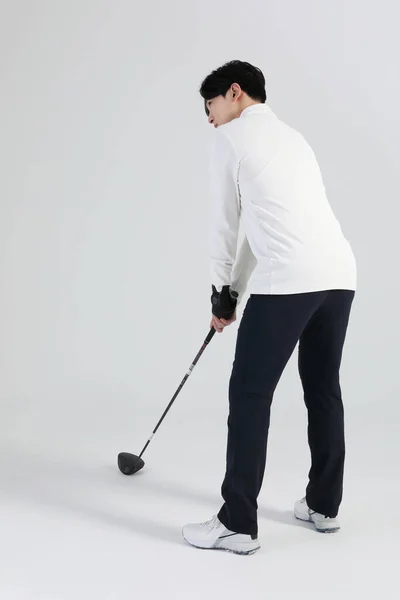 Jugador Deportes Golf Hombre Coreano Asiático Con Club Golf Estudio —  Fotos de Stock