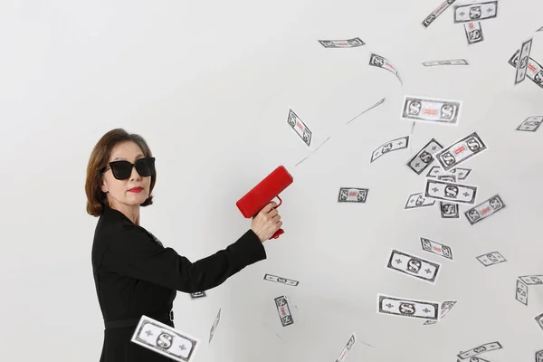 Fashionable Asian Korean Senior Woman Motions Money Gun — Stock Photo, Image