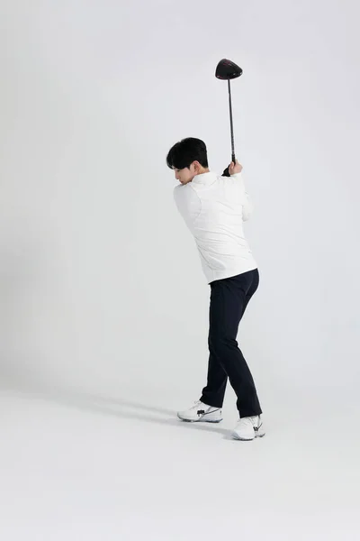 Golf Sports Player Homem Coreano Asiático Com Clube Golfe Estúdio — Fotografia de Stock