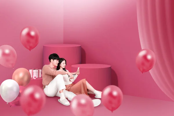 Valentines White Day Poster Asiatisches Koreanisches Paar Schaut Auf Smartphone — Stockfoto
