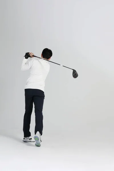 Golf Sports Player Homem Coreano Asiático Com Clube Golfe Estúdio — Fotografia de Stock